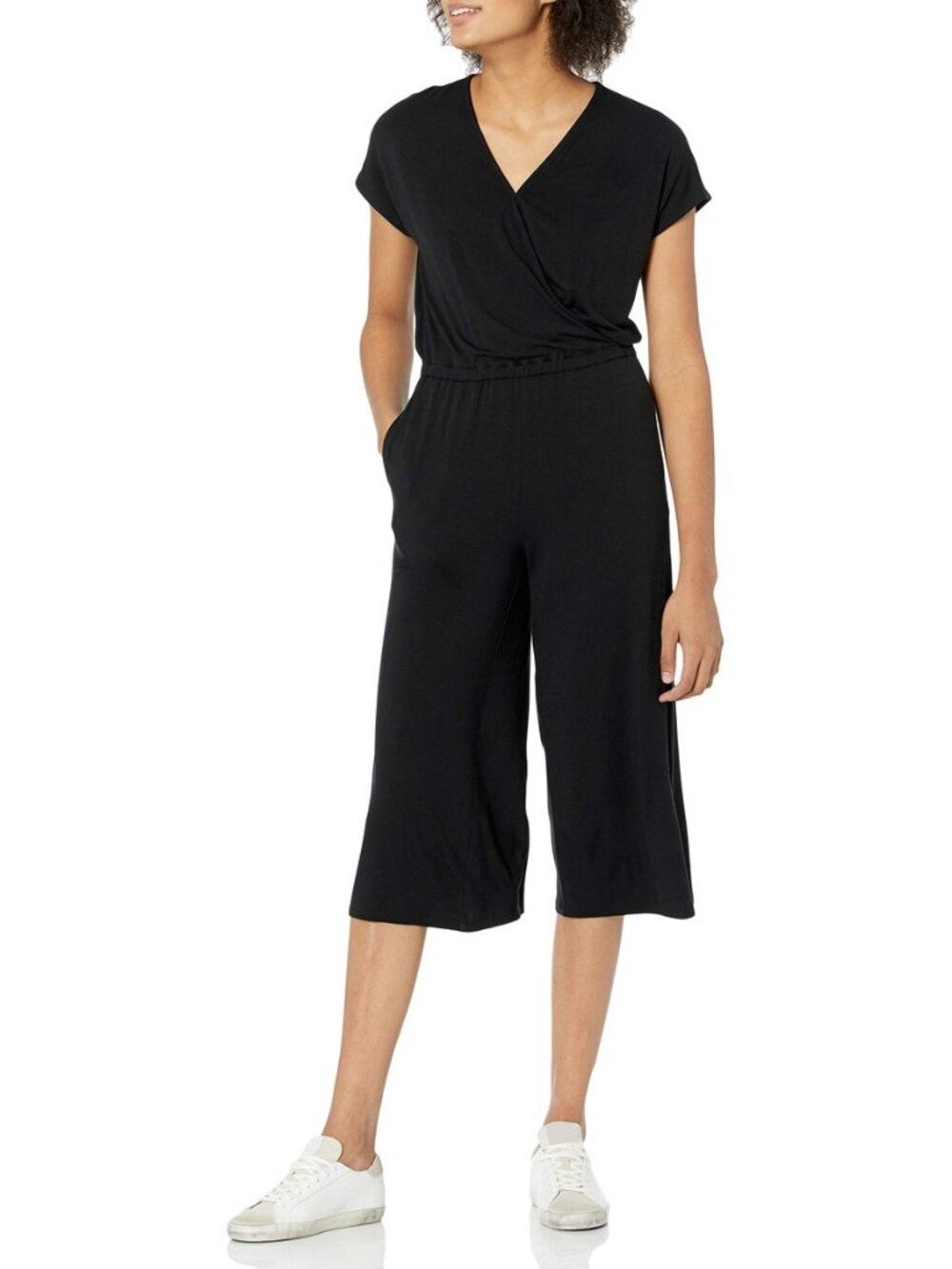 Women's Short-Sleeve V Neck Surplice Cropped Wide-Leg Jumpsuit with Elastic